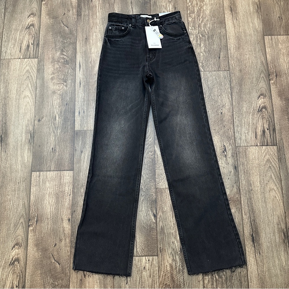 Pull&Bear Straight Leg Jeans High Rise Raw Hem Full Length Size 0 Black